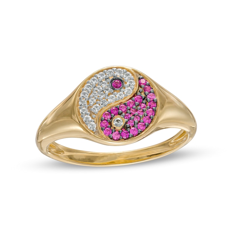 Lab-Created Ruby and White Lab-Created Sapphire Yin and Yang Symbol Signet Ring in 10K Gold