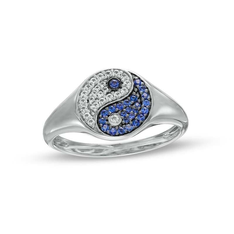 Blue and White Lab-Created Sapphire Yin and Yang Symbol Signet Ring in 10K White Gold