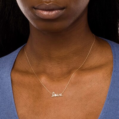 Bezel-Set Lab-Created Opal Cursive "love" Necklace in 10K Gold - 20"