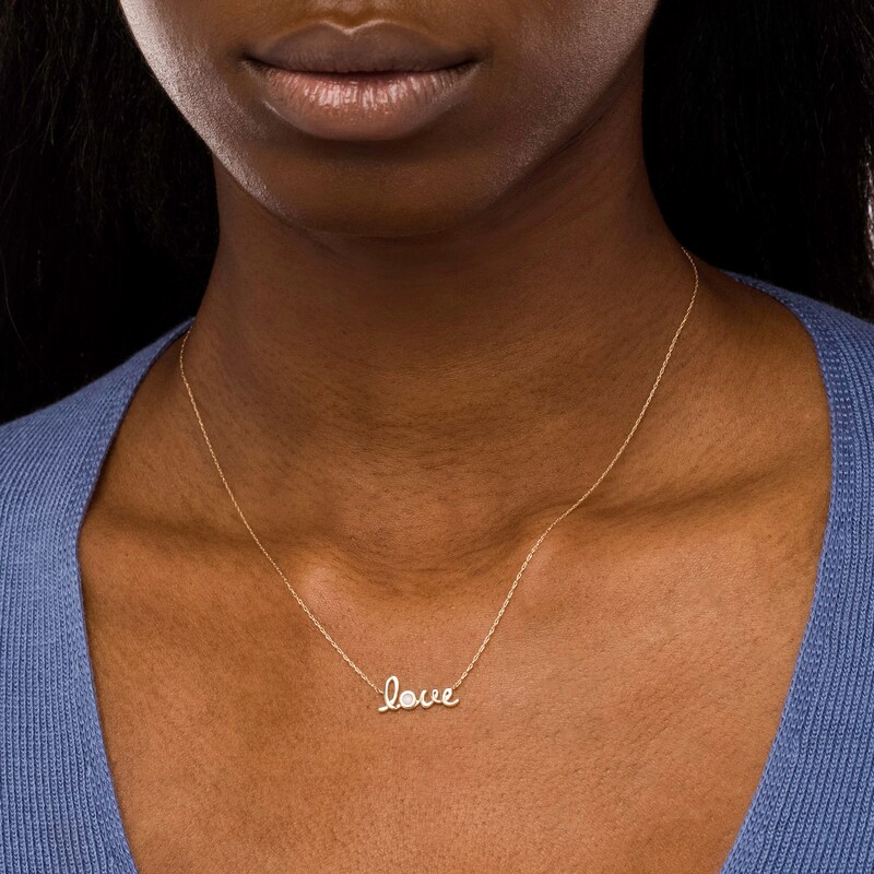 Bezel-Set Lab-Created Opal Cursive "love" Necklace in 10K Gold - 20"