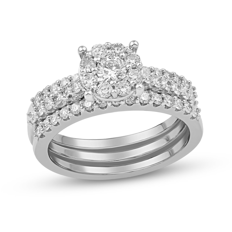 0.99 CT. T.W. Diamond Cushion-Shaped Frame Three Piece Bridal Set in 10K White Gold