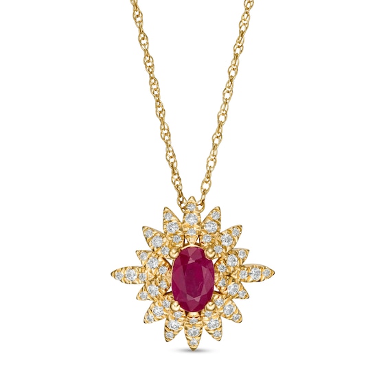 Oval Ruby and 0.20 CT. T.W. Diamond Starburst Pendant in 14K Gold