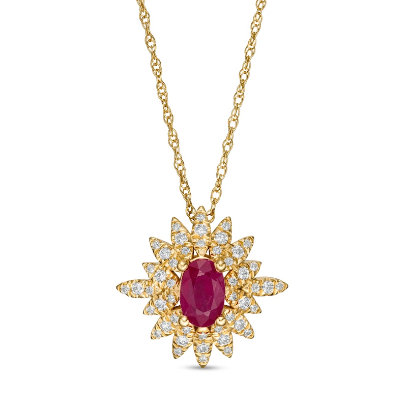 Oval Ruby and 0.20 CT. T.W. Diamond Starburst Pendant in 14K Gold|Peoples Jewellers