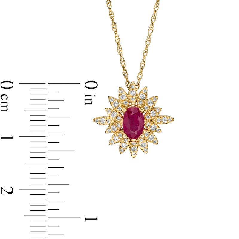 Oval Ruby and 0.20 CT. T.W. Diamond Starburst Pendant in 14K Gold