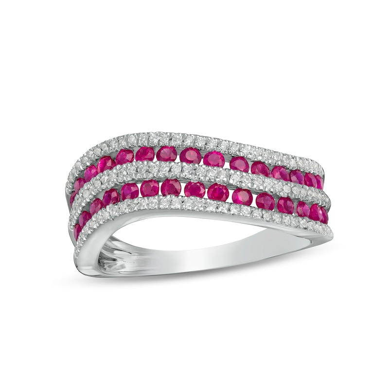 Ruby and 0.25 CT. T.W. Diamond Channel Multi-Row Wave Ring in 14K White Gold