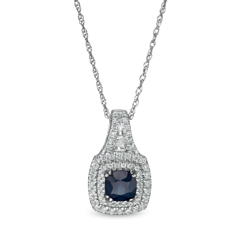 5.0mm Cushion-Cut Blue Sapphire and 0.24 CT. T.W. Diamond Double Frame Pendant in 14K White Gold