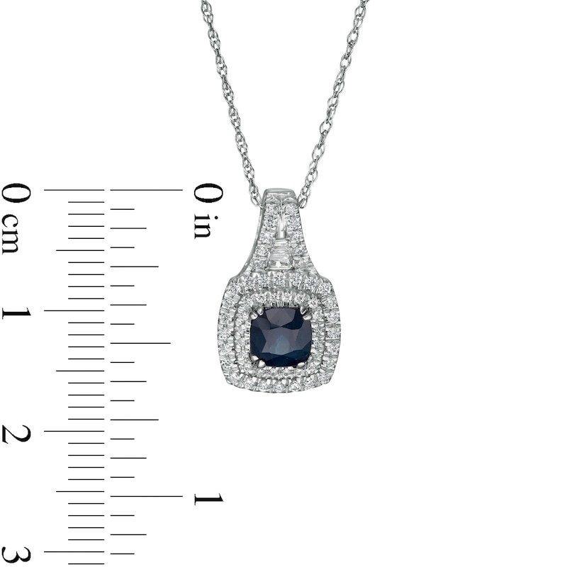 5.0mm Cushion-Cut Blue Sapphire and 0.24 CT. T.W. Diamond Double Frame Pendant in 14K White Gold