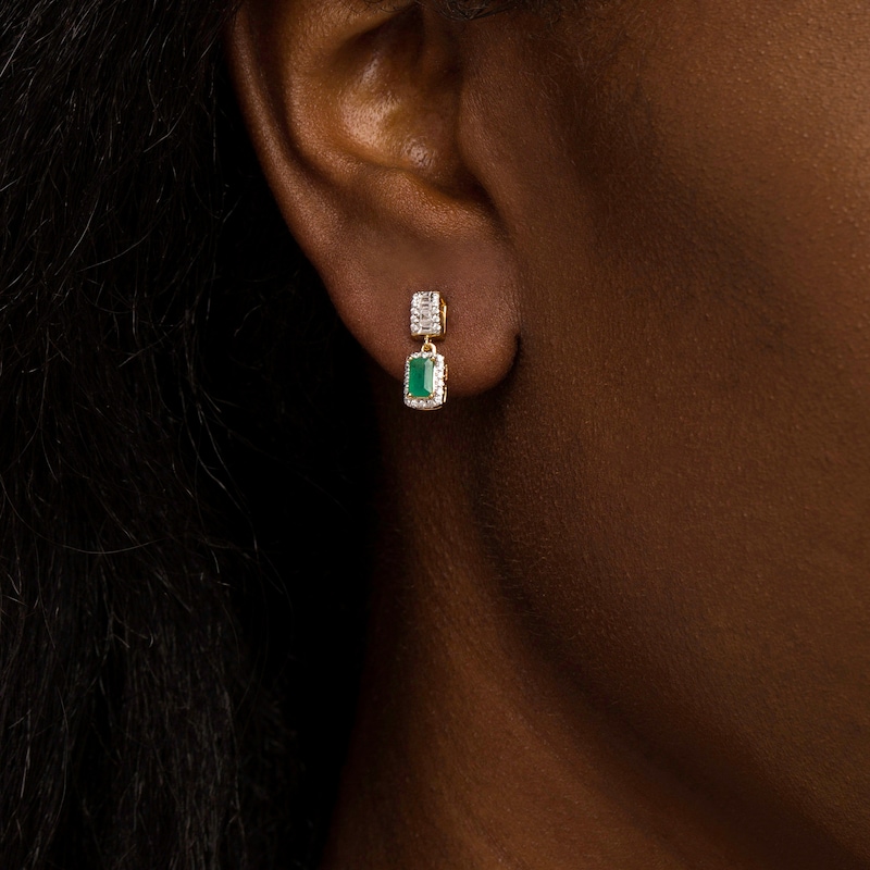 Main Image 2 of Emerald-Cut Emerald and 0.25 CT. T.W. Diamond Frame Drop Earrings in 14K Gold