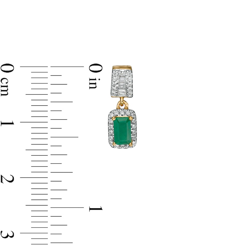 Main Image 3 of Emerald-Cut Emerald and 0.25 CT. T.W. Diamond Frame Drop Earrings in 14K Gold
