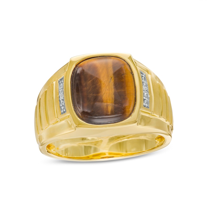 Men's Tiger's Eye and Diamond Accent Ribbed Shank Ring in 10K Gold