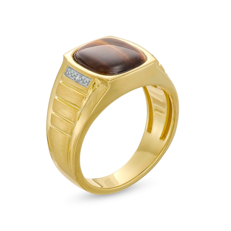 Men's Tiger's Eye and Diamond Accent Ribbed Shank Ring in 10K Gold