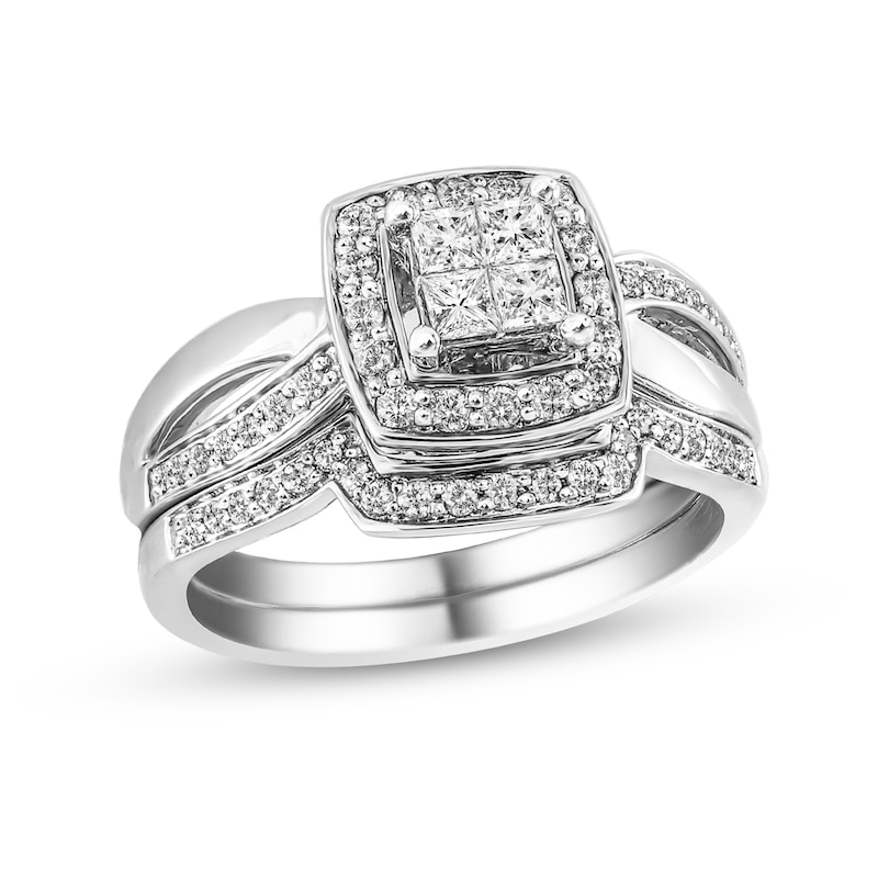 0.56 CT. T.W. Princess-Cut Quad Diamond Frame Twist Shank Bridal Set in 10K White Gold