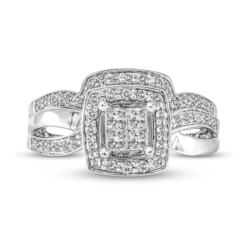 0.56 CT. T.W. Princess-Cut Quad Diamond Frame Twist Shank Bridal Set in 10K White Gold