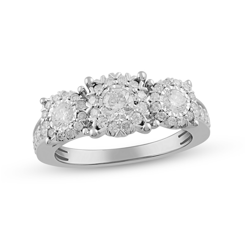 0.99 CT. T.W. Diamond Frame Three Stone Engagement Ring in 14K White Gold