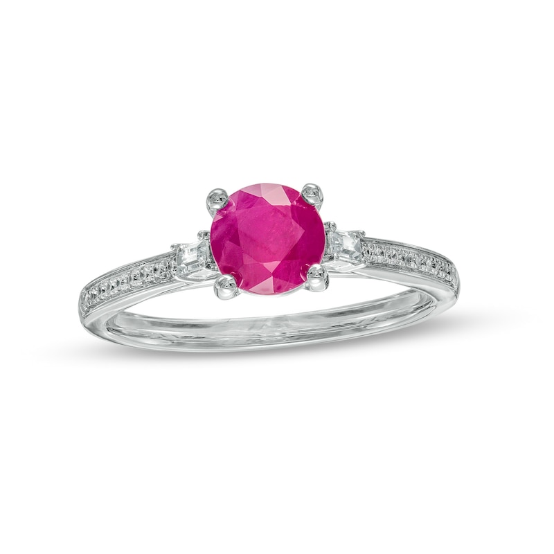 6.0mm Ruby and 0.10 CT. T.W. Baguette and Round Diamond Ring in 14K White Gold