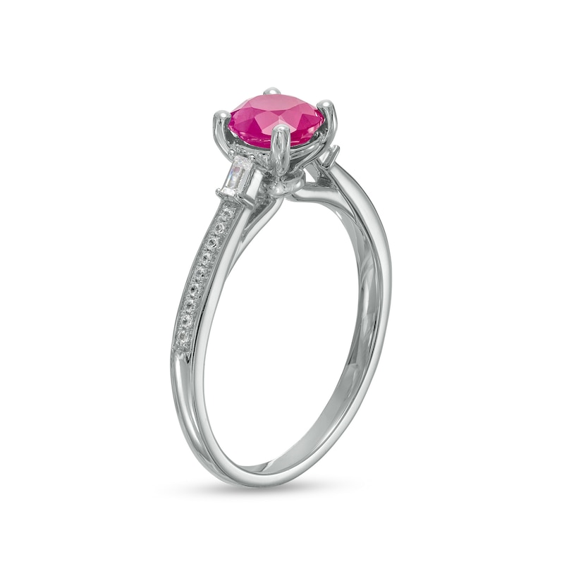 6.0mm Ruby and 0.10 CT. T.W. Baguette and Round Diamond Ring in 14K White Gold