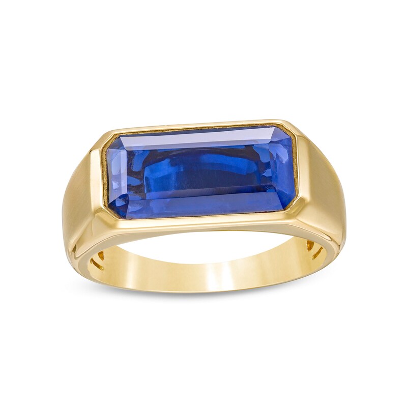 Main Image 1 of Men's Elongated Octagonal Blue Lab-Created Sapphire Bevelled Edge Signet Ring in 10K Gold