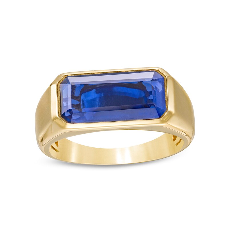 Men's Elongated Octagonal Blue Lab-Created Sapphire Bevelled Edge Signet Ring in 10K Gold|Peoples Jewellers