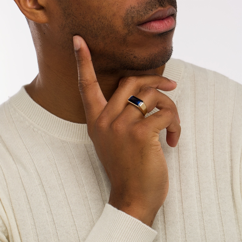 Main Image 2 of Men's Elongated Octagonal Blue Lab-Created Sapphire Bevelled Edge Signet Ring in 10K Gold