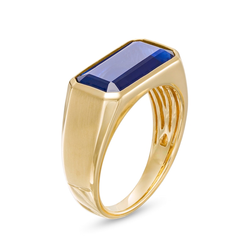 Main Image 3 of Men's Elongated Octagonal Blue Lab-Created Sapphire Bevelled Edge Signet Ring in 10K Gold