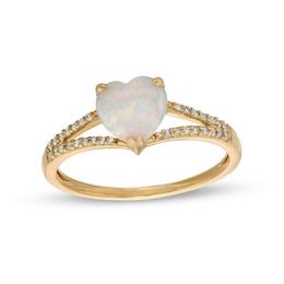 7.0mm Heart-Shaped Lab-Created Opal and 0.085 CT. T.W. Diamond Split Shank Ring in 10K Gold