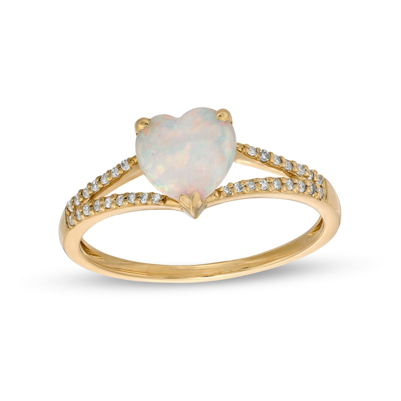 Main Image 1 of 7.0mm Heart-Shaped Lab-Created Opal and 0.085 CT. T.W. Diamond Split Shank Ring in 10K Gold