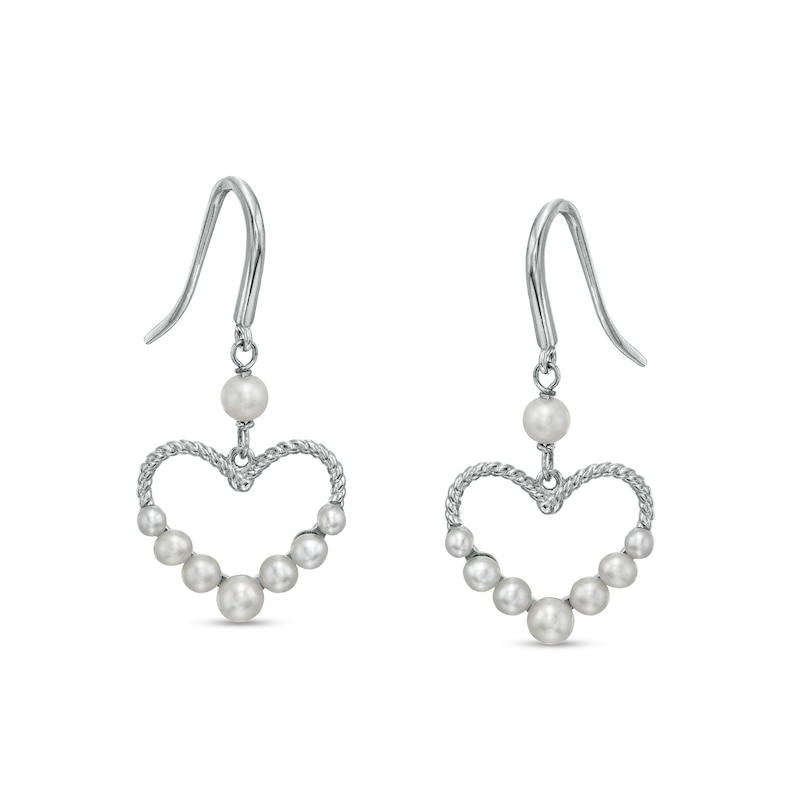 2.0-4.0mm Cultured Freshwater Pearl Graduated Rope-Textured Heart Outline Drop Earrings in Sterling Silver|Peoples Jewellers