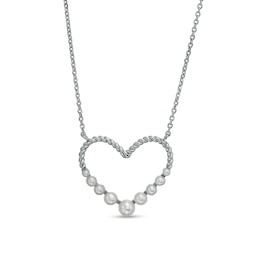 2.0-5.0mm Cultured Freshwater Pearl Graduated Rope-Textured Heart Outline Necklace in Sterling Silver