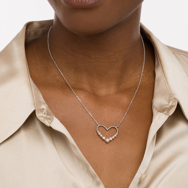 Main Image 2 of 2.0-5.0mm Freshwater Cultured Pearl Graduated Rope-Textured Heart Outline Necklace in Sterling Silver