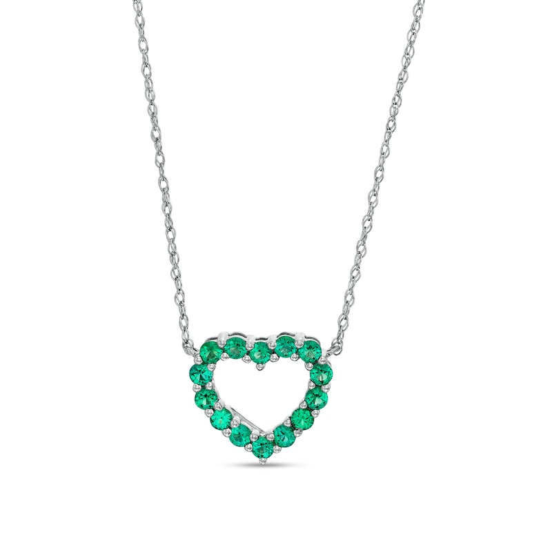 Main Image 1 of Lab-Created Emerald Mini Heart Outline Necklace in 10K White Gold