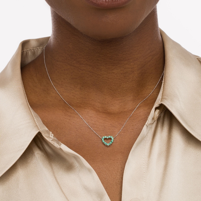 Main Image 2 of Lab-Created Emerald Mini Heart Outline Necklace in 10K White Gold