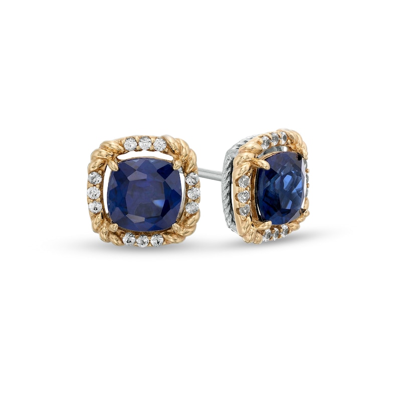 7.0mm Cushion-Cut Blue and White Lab-Created Sapphire Rope-Textured Frame Stud Earrings in Sterling Silver and 10K Gold|Peoples Jewellers