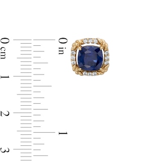 7.0mm Cushion-Cut Blue and White Lab-Created Sapphire Rope-Textured Frame Stud Earrings in Sterling Silver and 10K Gold