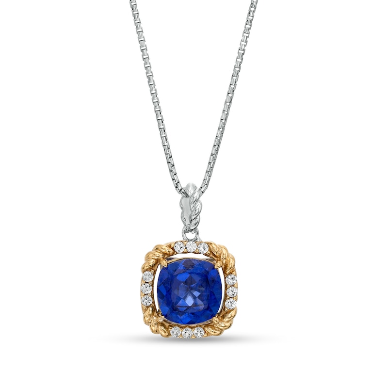 9.0mm Cushion-Cut Blue and White Lab-Created Sapphire Rope-Textured Frame Drop Pendant in Sterling Silver and 10K Gold
