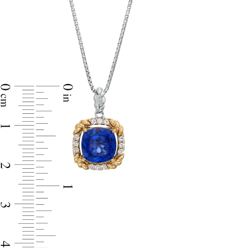 9.0mm Cushion-Cut Blue and White Lab-Created Sapphire Rope-Textured Frame Drop Pendant in Sterling Silver and 10K Gold