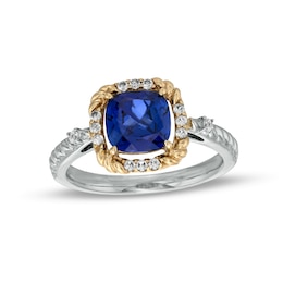 7.0mm Cushion-Cut Blue and White Lab-Created Sapphire Rope-Textured Frame Ring in Sterling Silver and 10K Gold