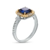 Thumbnail Image 2 of 7.0mm Cushion-Cut Blue and White Lab-Created Sapphire Rope-Textured Frame Ring in Sterling Silver and 10K Gold