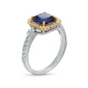 7.0mm Cushion-Cut Blue and White Lab-Created Sapphire Rope-Textured Frame Ring in Sterling Silver and 10K Gold