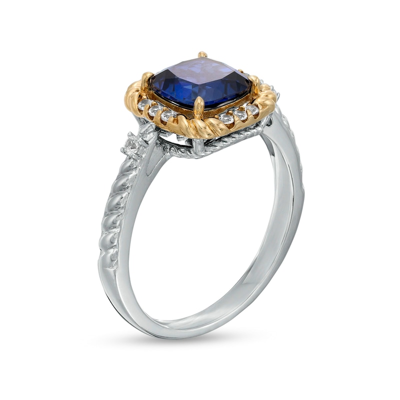 7.0mm Cushion-Cut Blue and White Lab-Created Sapphire Rope-Textured Frame Ring in Sterling Silver and 10K Gold