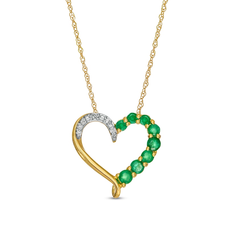 Main Image 1 of Emerald and Diamond Accent Ribbon Loop Heart Outline Pendant in 10K Gold