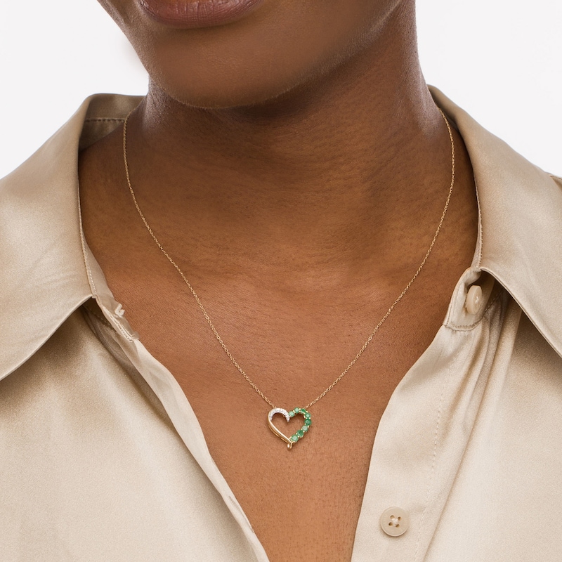 Main Image 2 of Emerald and Diamond Accent Ribbon Loop Heart Outline Pendant in 10K Gold