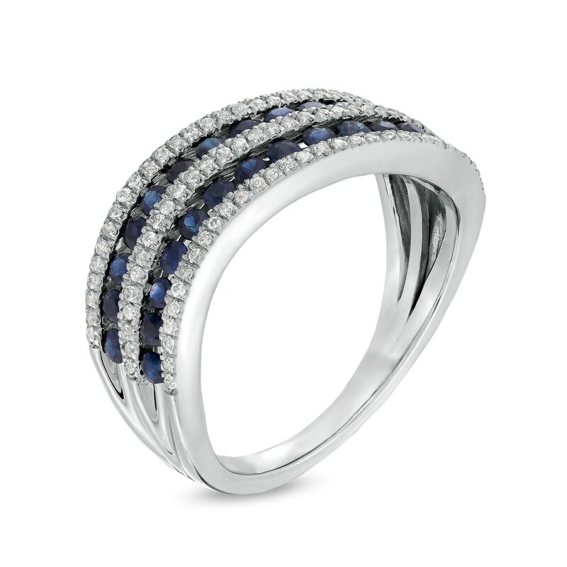 Main Image 3 of Blue Sapphire and 0.25 CT. T.W. Diamond Alternating Multi-Row Wave Ring in 14K White Gold