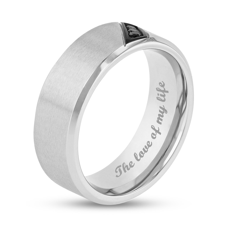 Main Image 2 of Men's 0.04 CT. T.W. Black Enhanced Diamond Three Stone Slant Wedding Band in Stainless Steel and Black IP (1 Line)