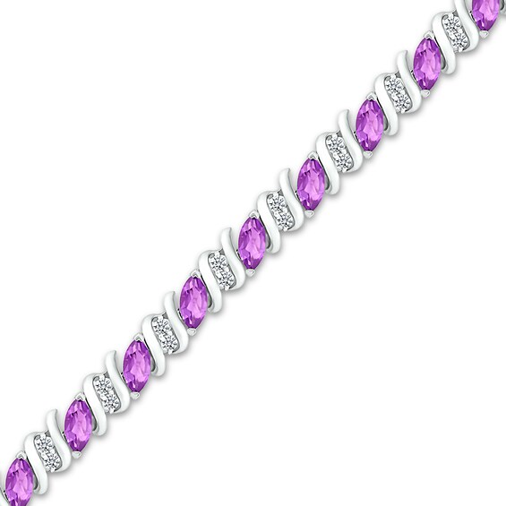 Marquise Amethyst Slant and White Lab-Created Sapphire Duo "S" Link Alternating Line Bracelet in Sterling Silver - 7.25"