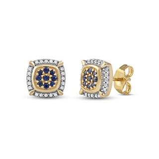 Men's Blue Sapphire and 0.115 CT. T.W. Diamond Cluster Cushion Frame Four-Corner Accent Stud Earrings in 10K Gold
