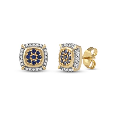 Men's Blue Sapphire and 0.115 CT. T.W. Diamond Cluster Cushion Frame Four-Corner Accent Stud Earrings in 10K Gold