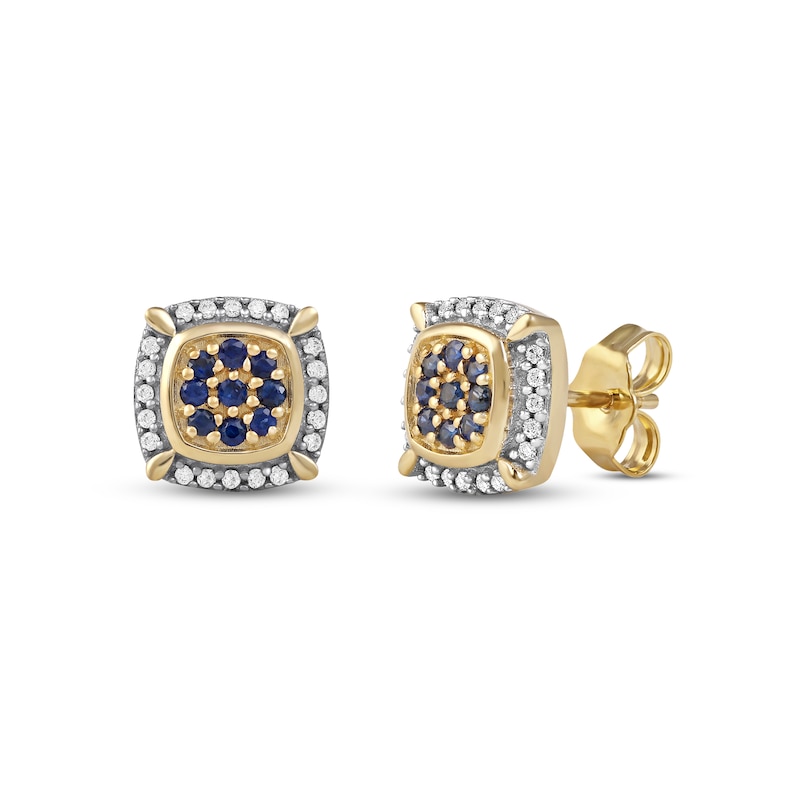 Men's Blue Sapphire and 0.115 CT. T.W. Diamond Cluster Cushion Frame Four-Corner Accent Stud Earrings in 10K Gold