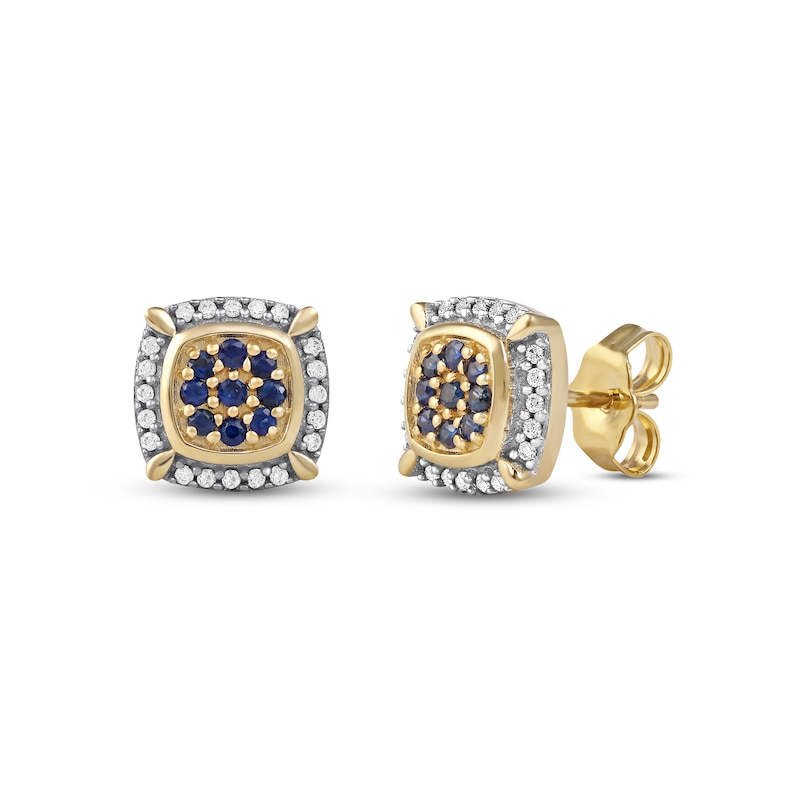 Men's Blue Sapphire and 0.115 CT. T.W. Diamond Cluster Cushion Frame Four-Corner Accent Stud Earrings in 10K Gold|Peoples Jewellers