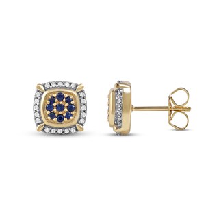 Men's Blue Sapphire and 0.115 CT. T.W. Diamond Cluster Cushion Frame Four-Corner Accent Stud Earrings in 10K Gold