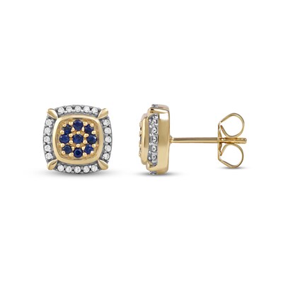 Men's Blue Sapphire and 0.115 CT. T.W. Diamond Cluster Cushion Frame Four-Corner Accent Stud Earrings in 10K Gold